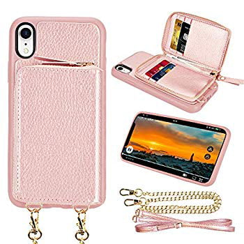 iPhone XR Wallet Case JAZ Crossbody Chain Satchel Zipper Purse Detachable Magnetic 14 Card Slots Momey Pocket Clutch Leather Wallet Case for Apple iPhone XR Rose Gold 